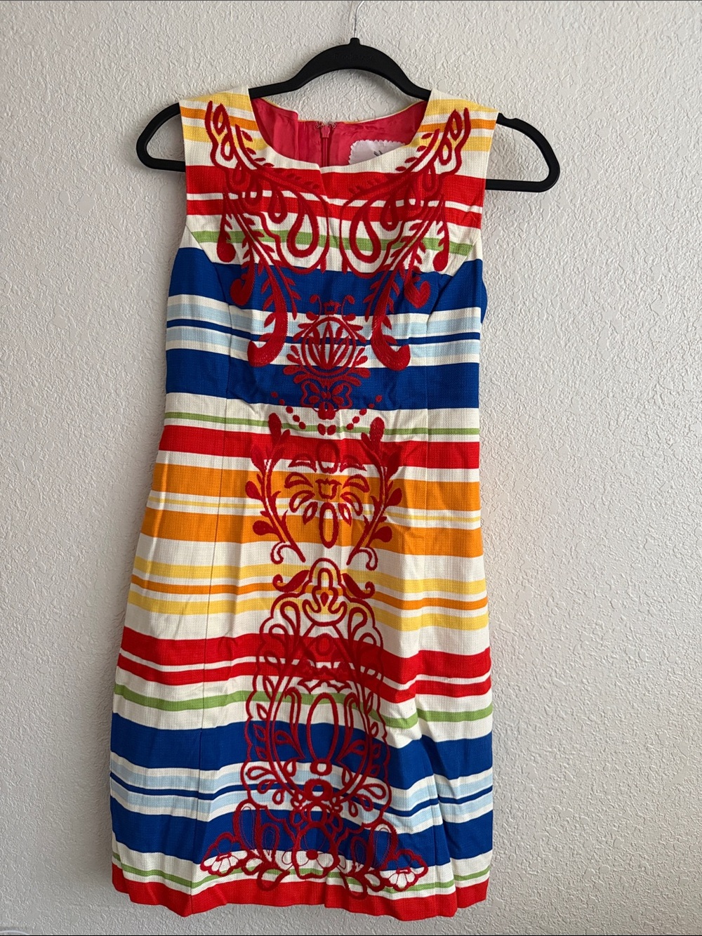 Tabitha Multicolor Striped Dress with Red Embroidery